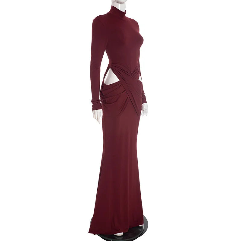 Red Twisted-Waist Draped Turtleneck Evening Gown