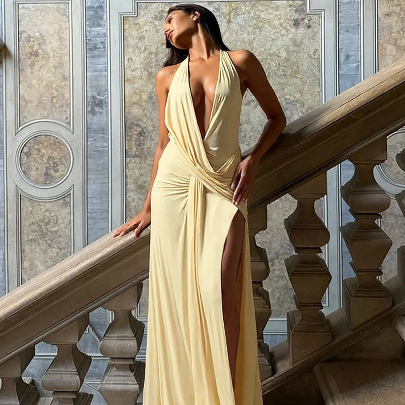 Halter Deep V-Neck Draped Maxi Dress