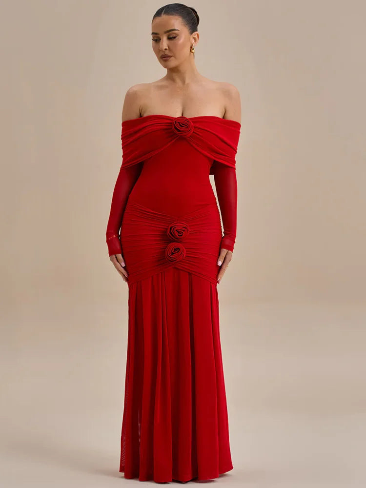 Off-Shoulder Rose Ruched Bodycon Maxi Dress