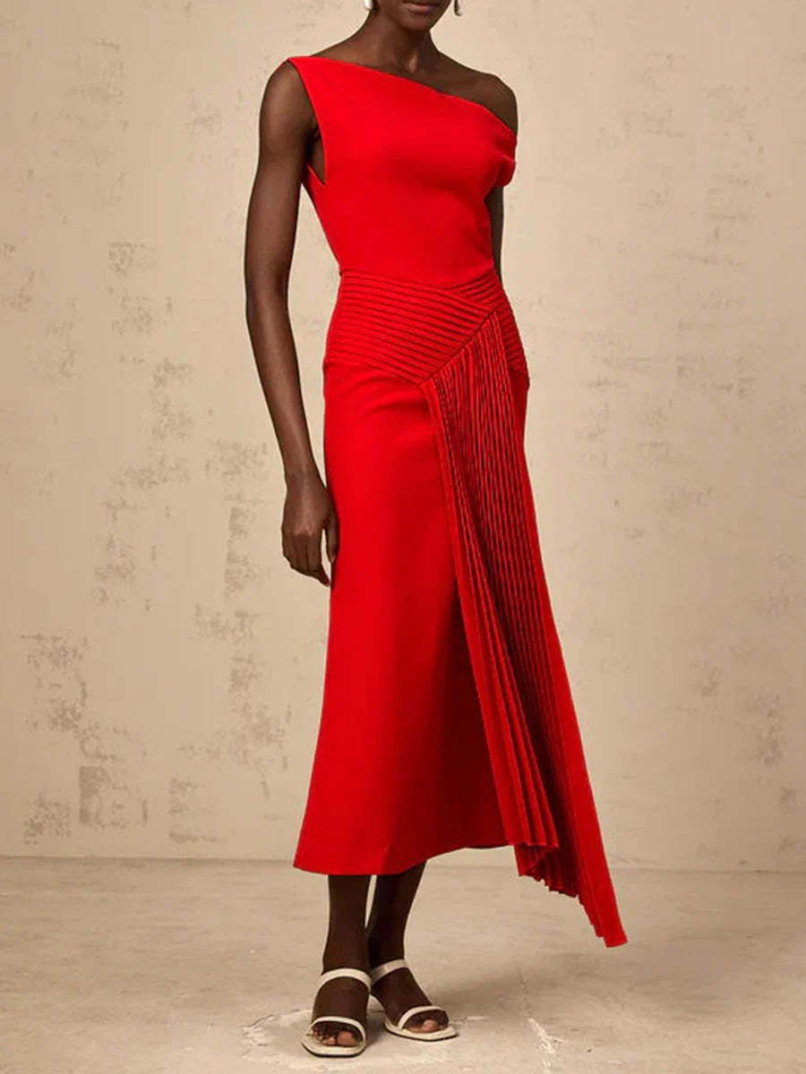 Diagonal Neck Midi Dress | Off-Shoulder Folded Elegance