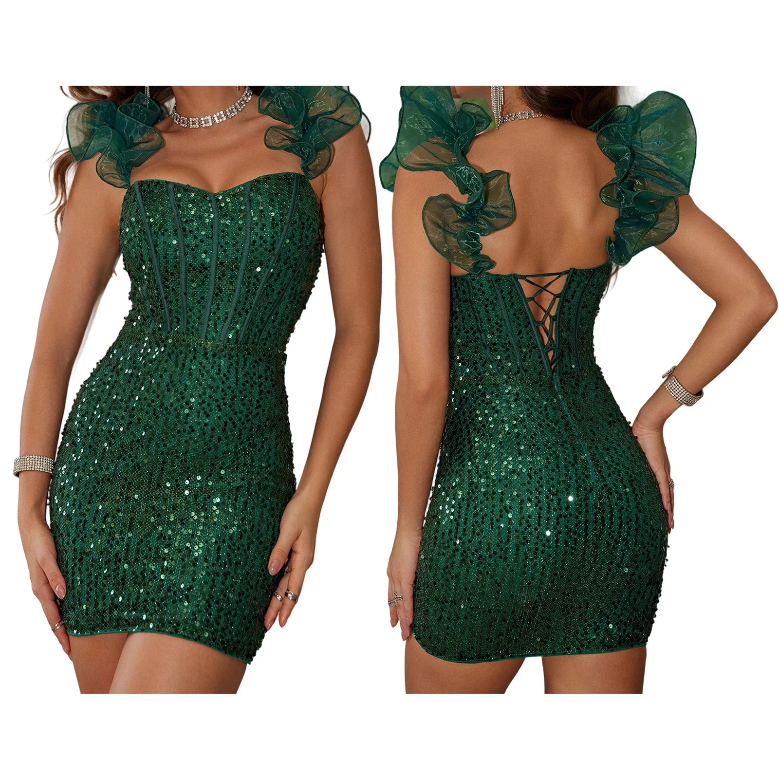 Green sequin dress shown from front and back on a white background
