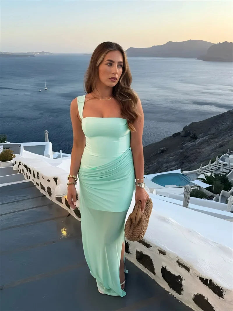 Brown Square Neck Maxi Dress | Backless Ruched Poolside Chic