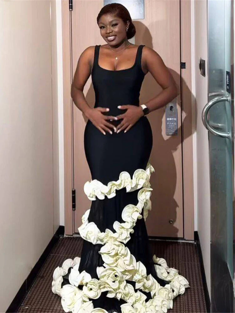 Black Sling Ruffles Patchwork Dress | Spaghetti Strap Maxi Gown