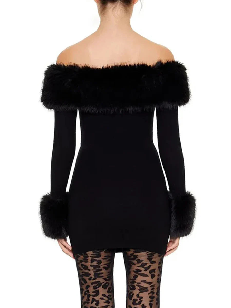 Black Off-Shoulder Fur Trim Mini Dress