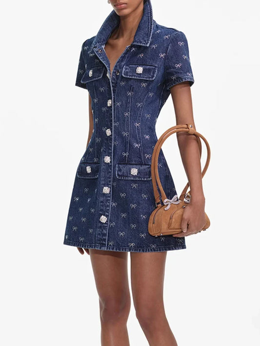 Denim Bowknot Short-Sleeve Pocket Mini Dress