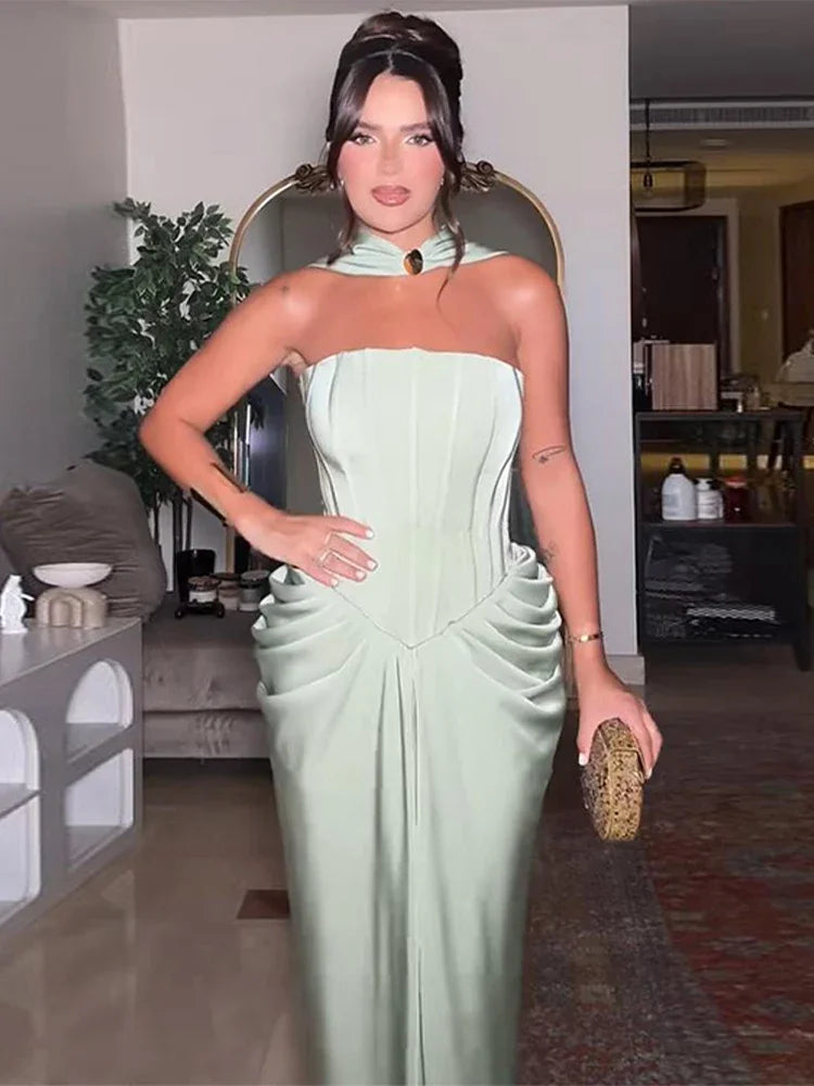 Elegant Strapless Green Evening Dress – Slim Fit Floor-Length Gown for Spring/Summer