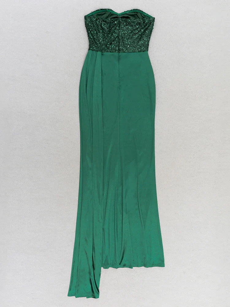 Green Black Strapless Sequin Maxi Dress | Draped Slim Gown