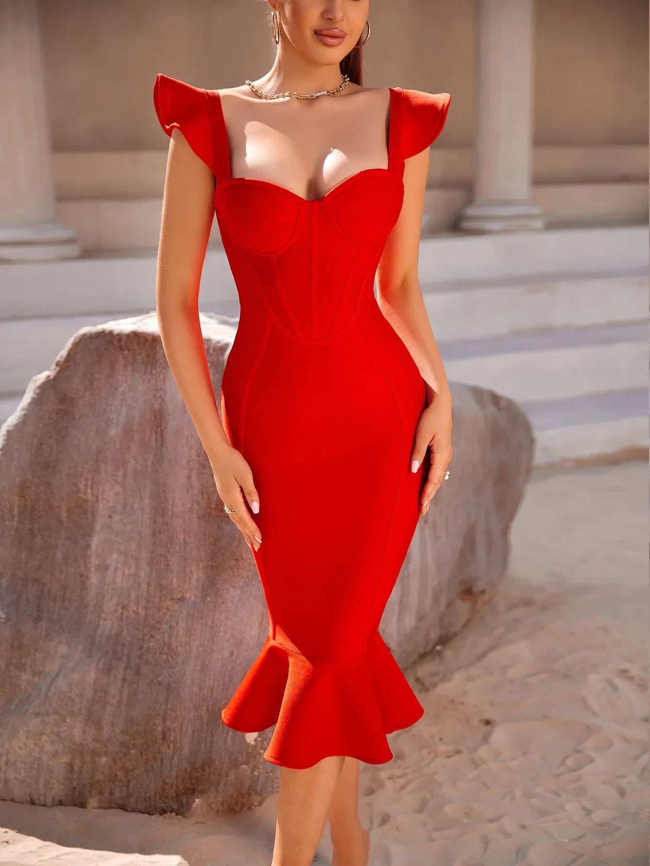 Red Bandage Trumpet Dress - Ruffles Sleeveless Club & Party Wear
