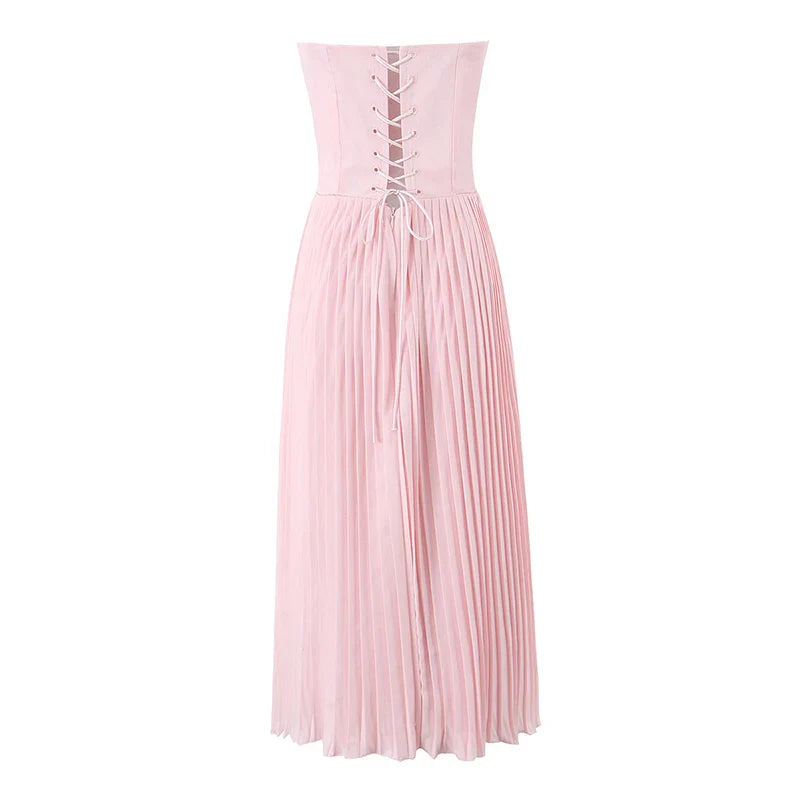 Pink Strapless Pleated Midi Dress with Sculpted Bodice