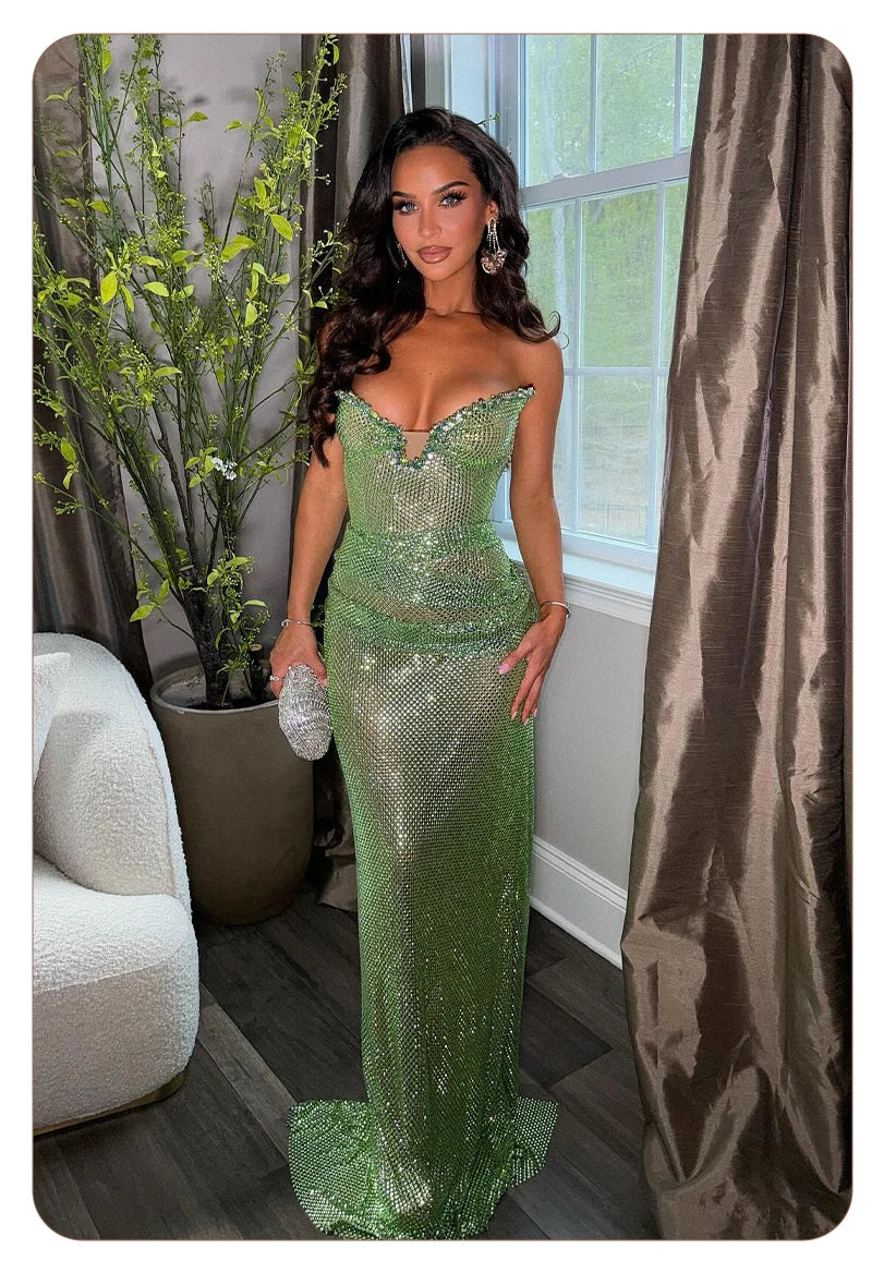 Sequin Green Strapless Mermaid Gown with Sculpted Waist