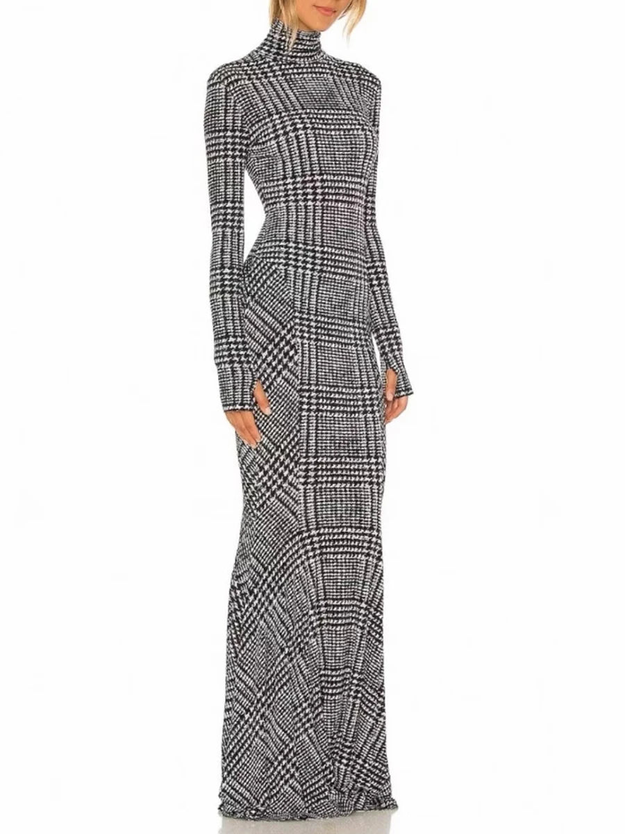 Plaid High-Neck Long Sleeve Sheath Maxi Dress