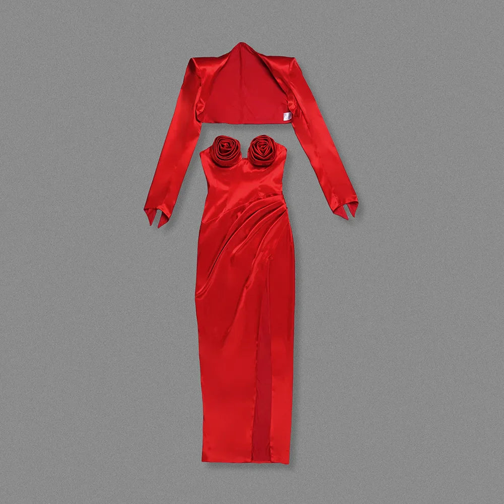 Red Satin 3d Flower Slit Maxi Dress With Crop Jacket