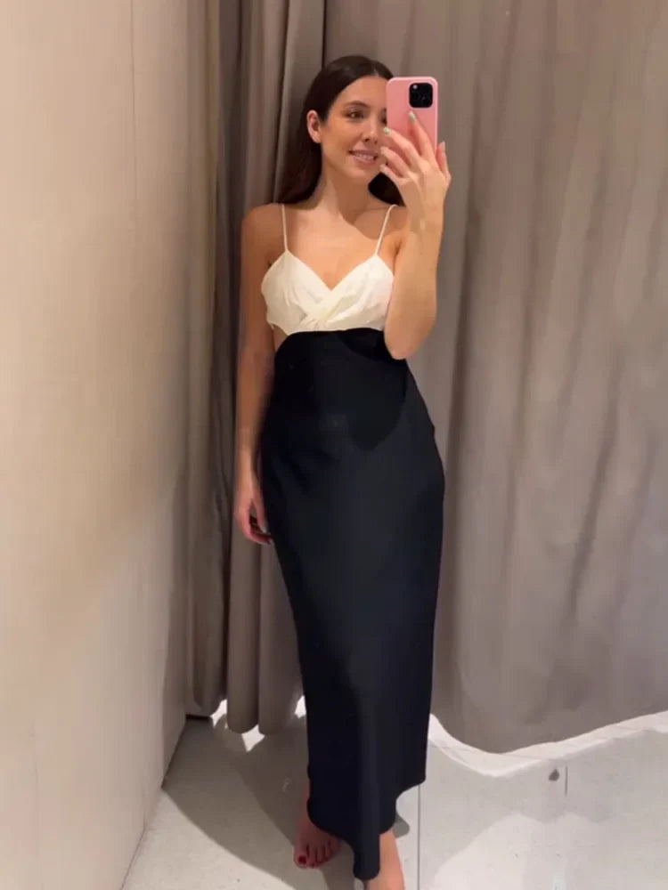 Sleeveless Black And White Patchwork Backless Maxi Dress