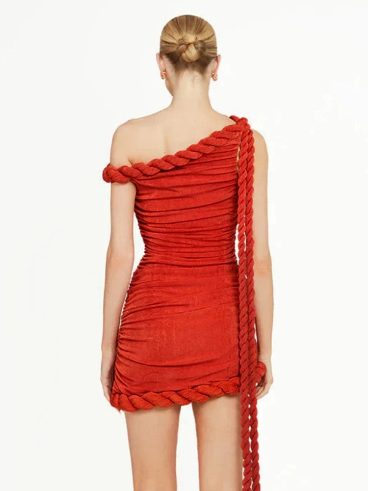 Red One-Shoulder Draped Mini Dress with Twist Knot
