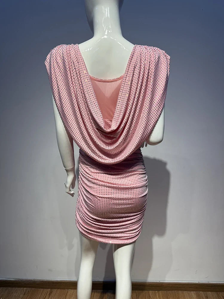 Pink Crystal Draped Mini Dress | Sleeveless Swing Collar Clubwear