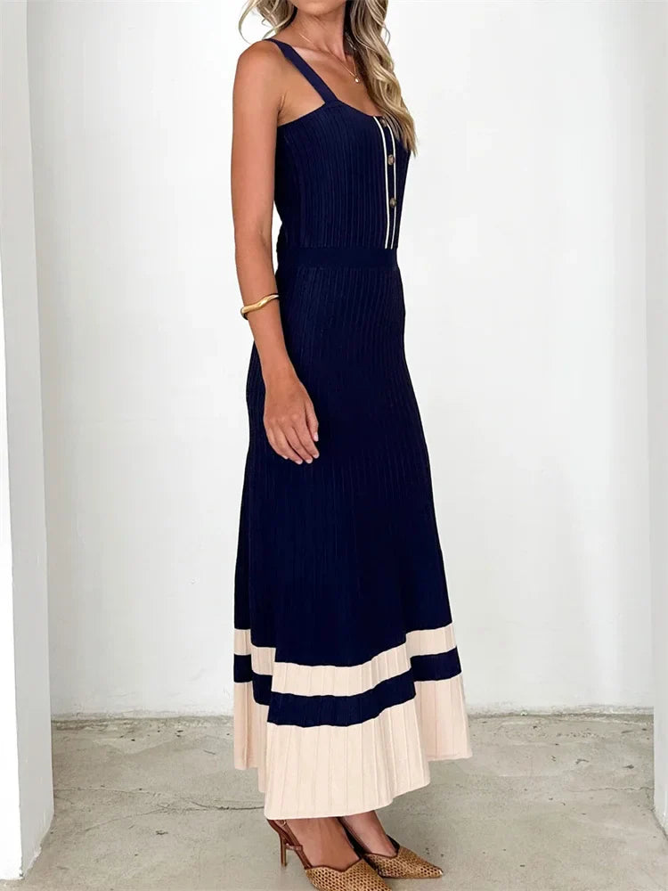 Beige Ribbed Knit Midi Dress | High-Waist Buttoned Summer Style