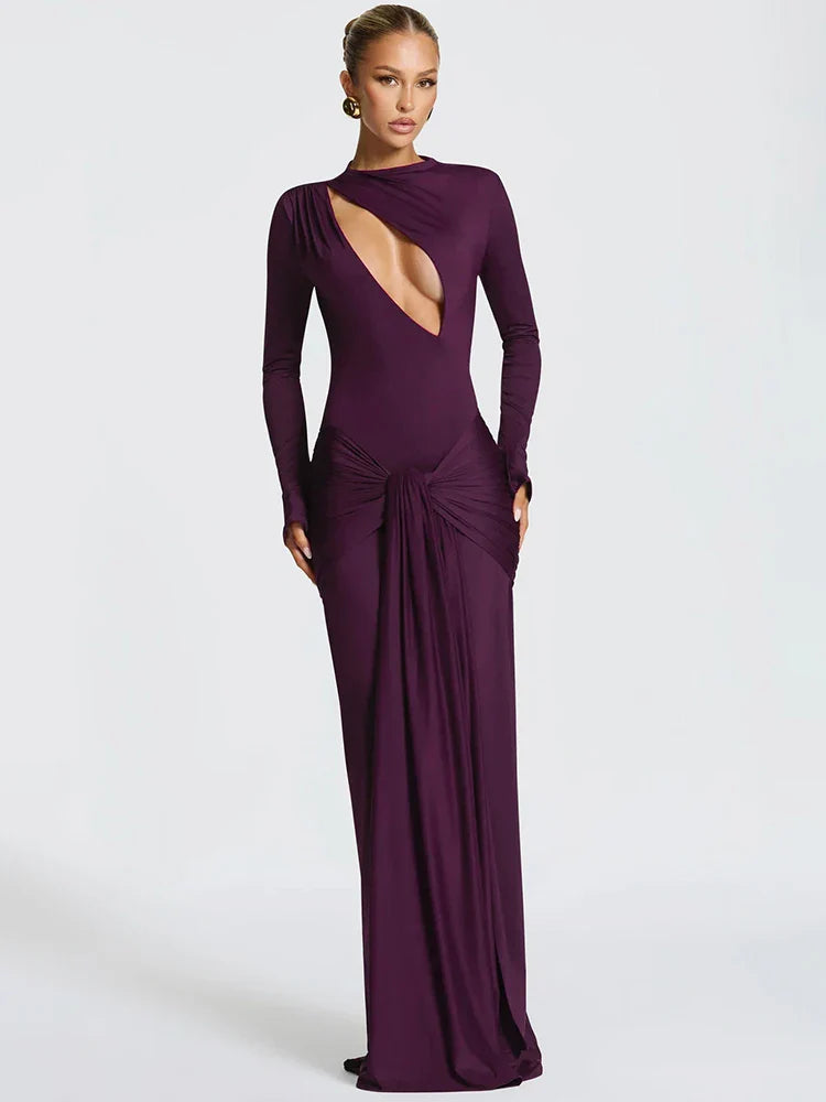 Elegant purple evening gown with a cut-out design 