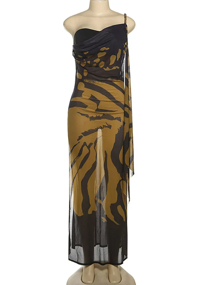 Tiger Print Backless Mesh Dress | Summer Slit Beachwear