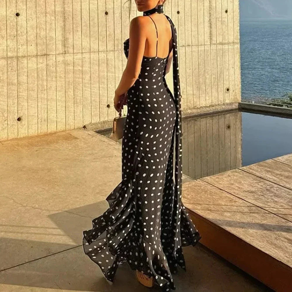 Polka Dot High-Slit Maxi Dress – Sleeveless Slim Fit Scarf Neck Gown