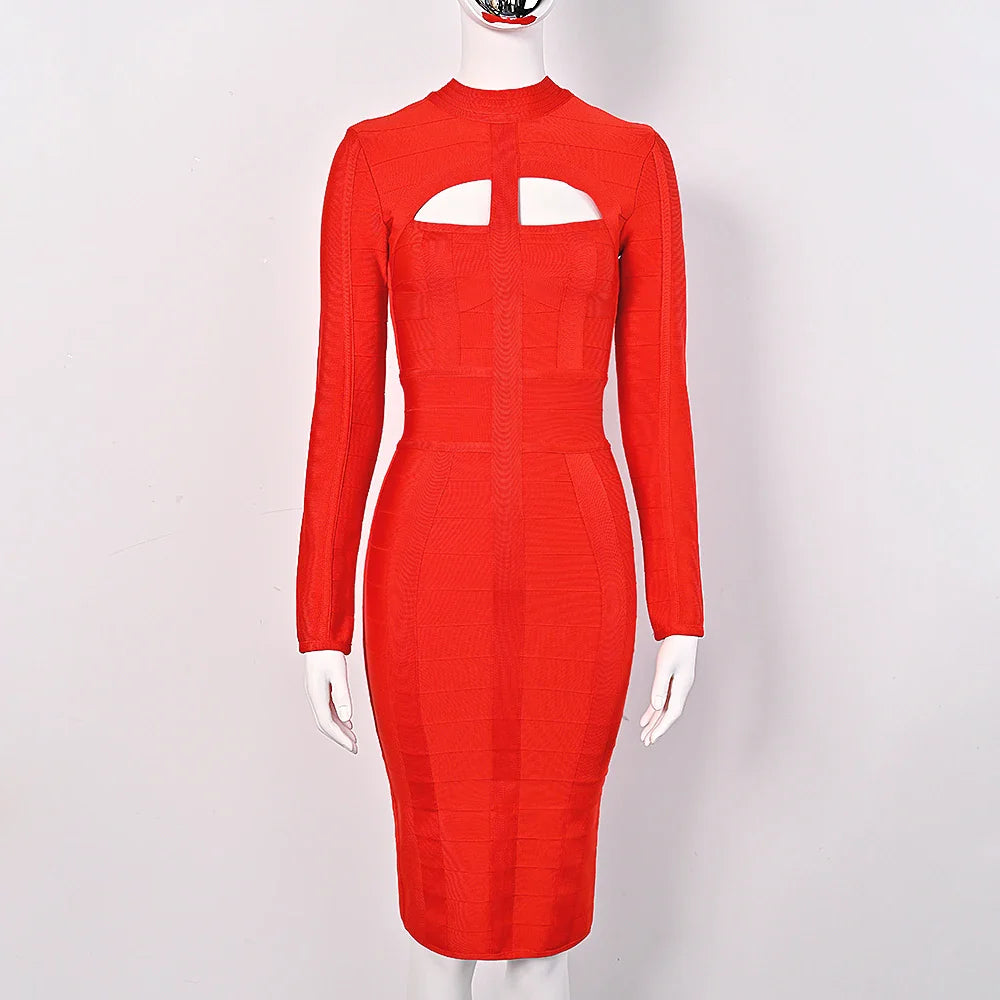 White High Neck Cut Out Midi Dress | Sleek Long Sleeve Bodycon