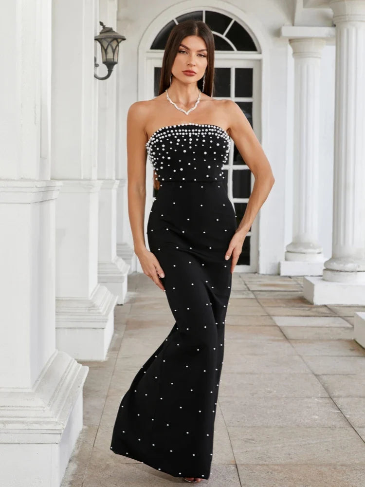 Strapless Pearl Beaded Gown – Elegant Slim-Fit Ankle-Length Dress