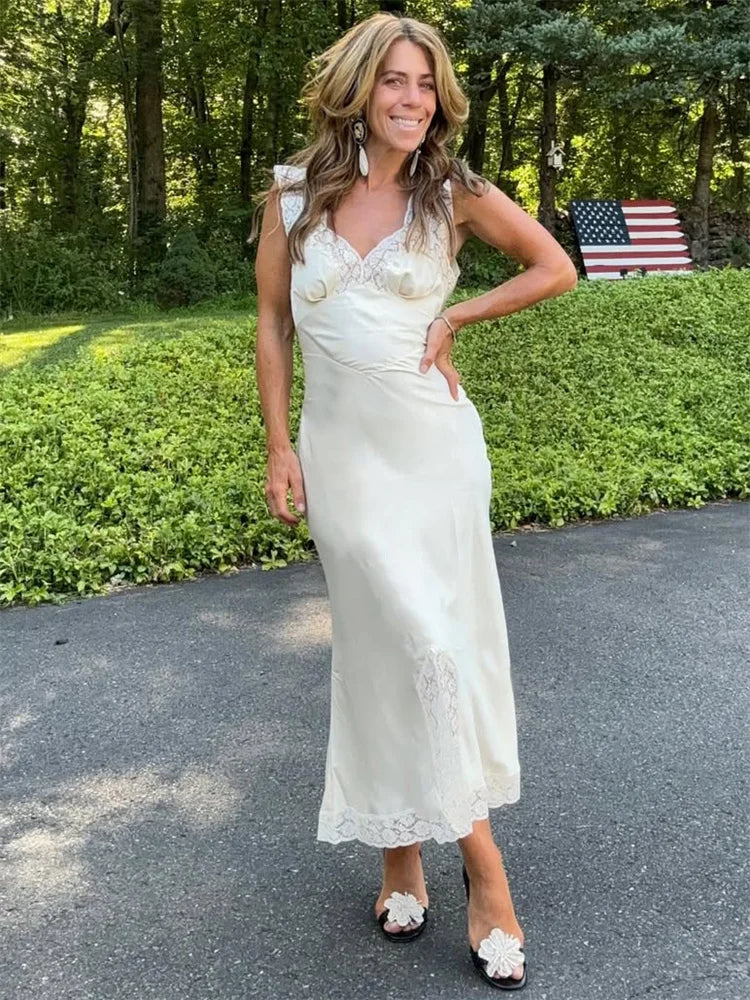 Patchwork Satin Lace Maxi Dress – Elegant V-Neck Evening Gown