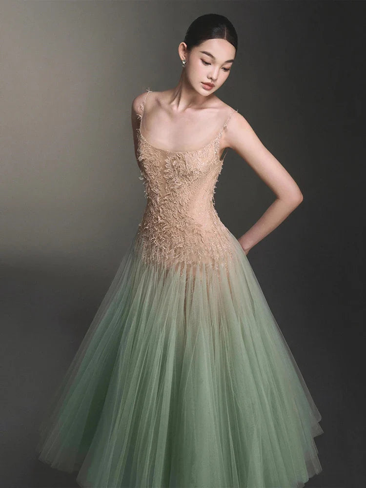 Textured Tulle Green Gradient Flare Maxi Dress