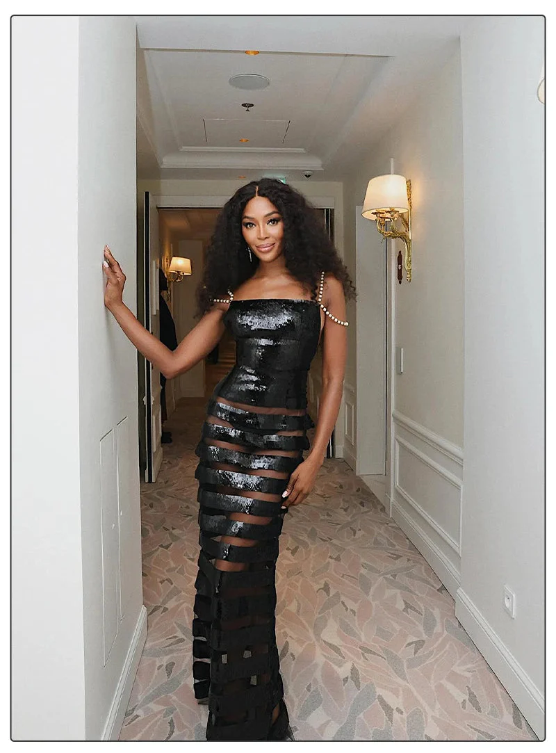 Black Sequin Mesh Strap Gown with Pearl Shoulder Chain