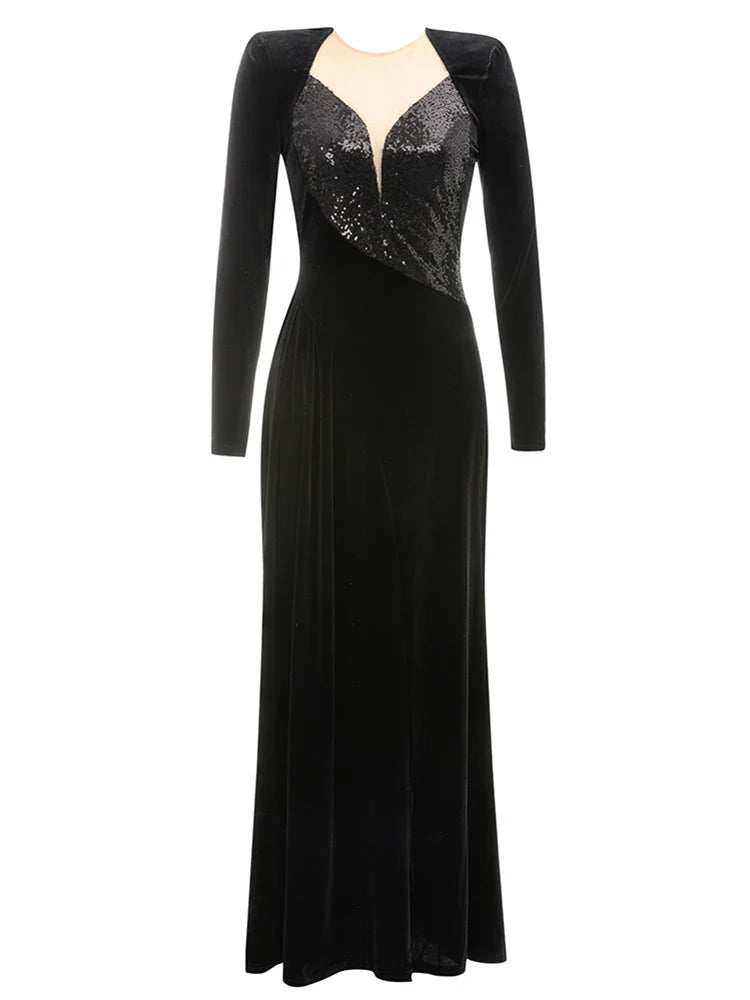Black evening gown with sequin detailing on a white background