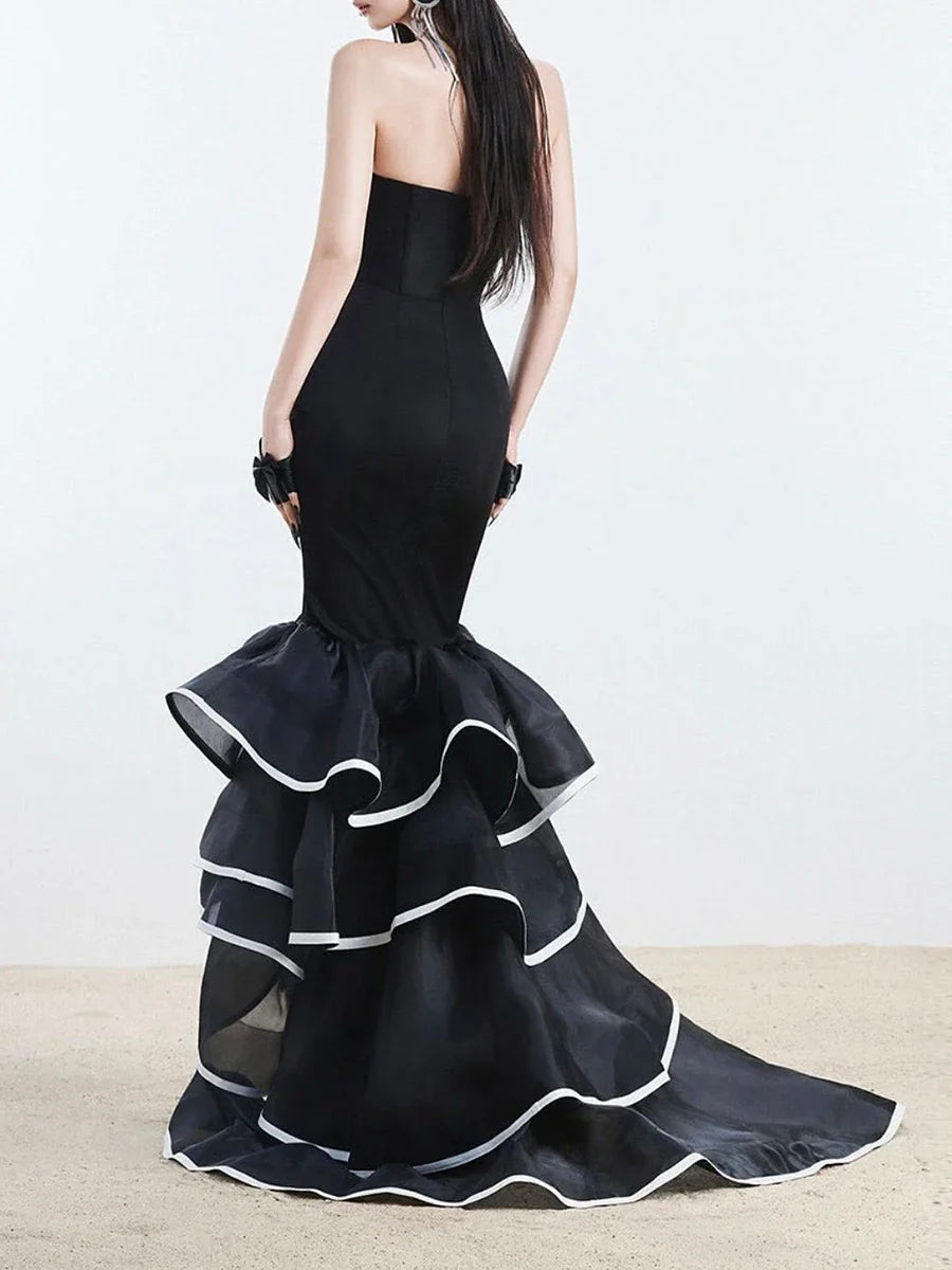 Black Ruffle Strapless Mermaid Gown | Floor-Length Statement Dress