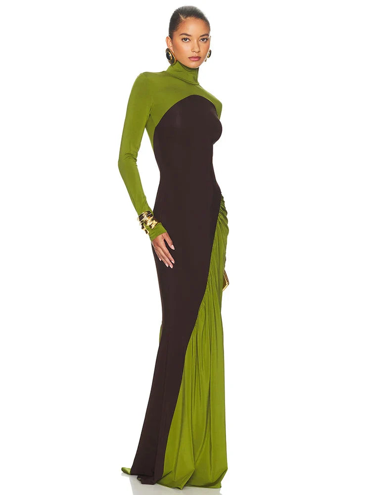 Turtleneck Long Sleeve Two Tone Pleated Maxi Dress