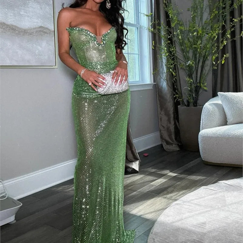 Sequin Green Strapless Mermaid Gown with Sculpted Waist