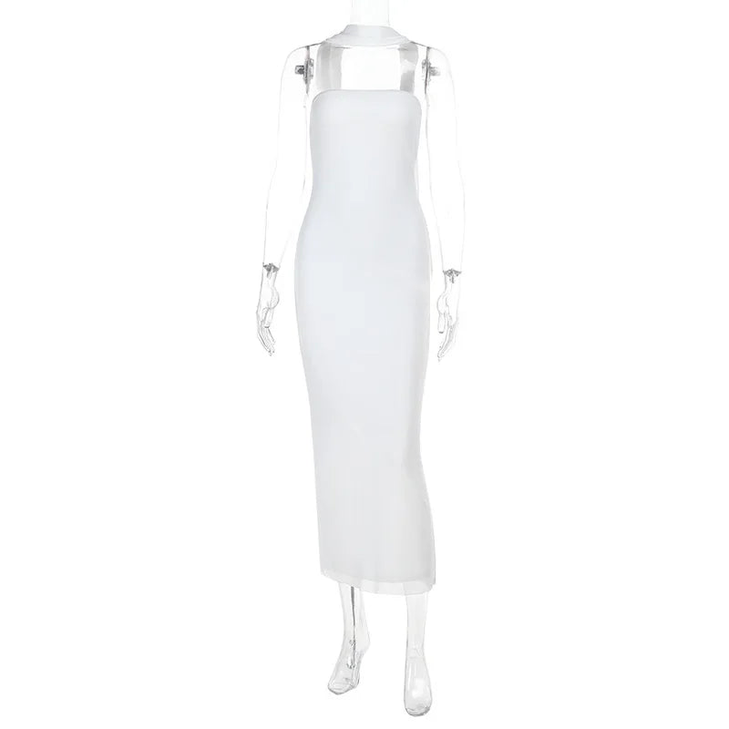 White Mesh Strapless Bodycon Dress | Elegant Floor-Length Gown with Neck Scarf