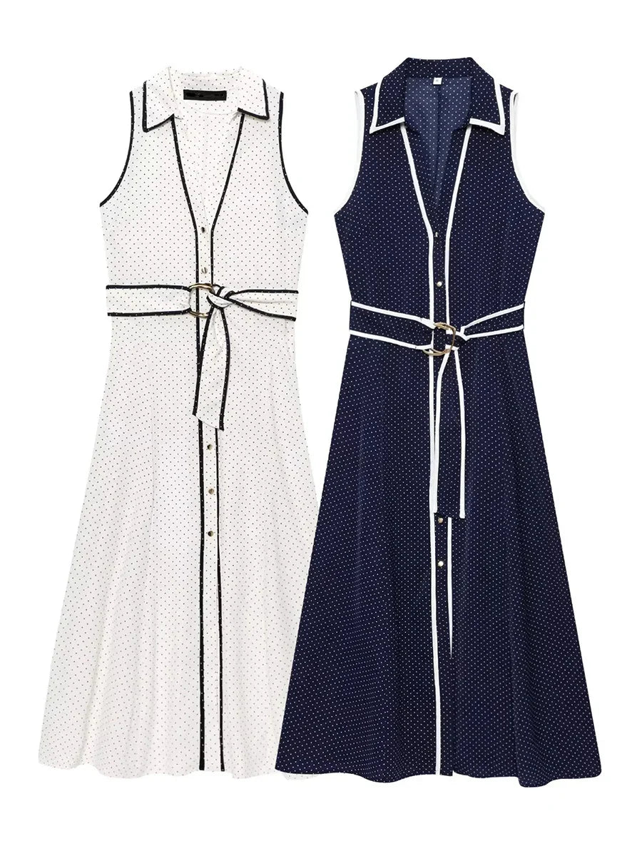 White Polka Dot Belted Maxi Dress | Sleeveless Collared Resort Look