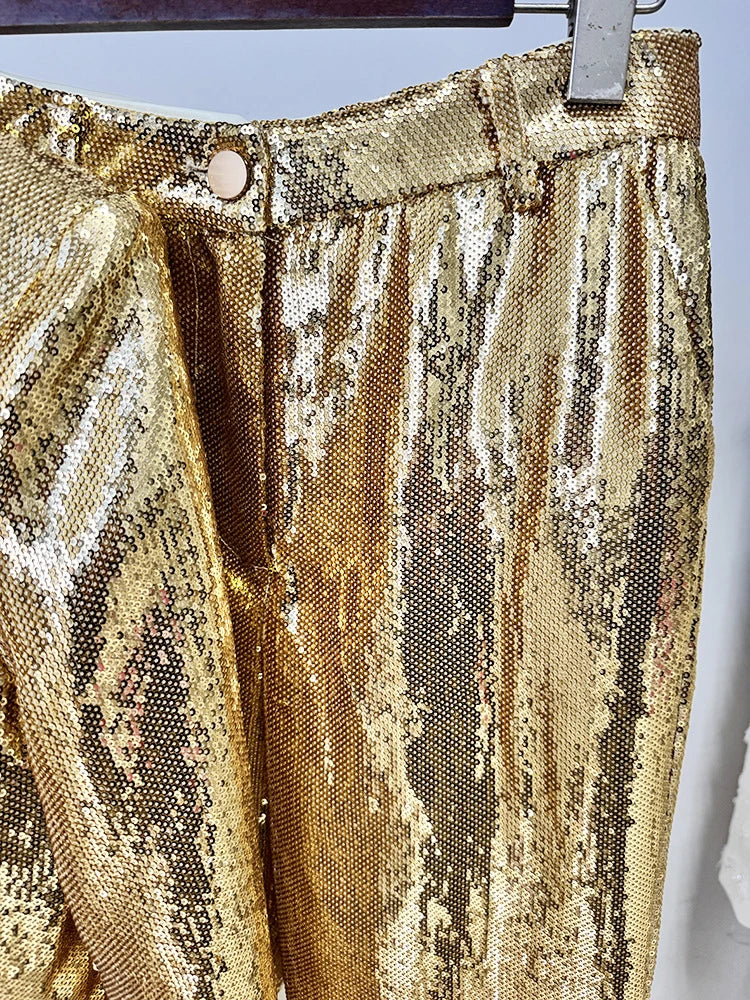 Gold Sequin Blazer & Pants Two-Piece Set - Chic & Sparkling Outfit