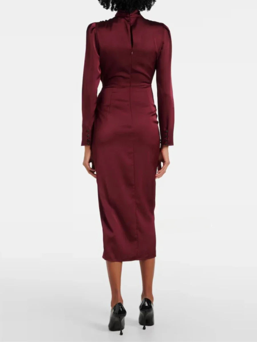 Burgundy High Neck Long Sleeve Satin Midi Dress