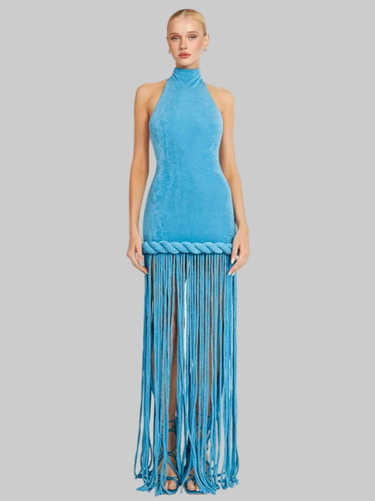 Blue Velvet Halter Fringe Gown with Braided Detail