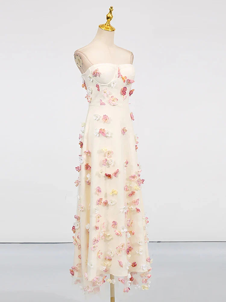 Beige Mesh Appliqué Strapless Gown – Floral Sleeveless Long Dress