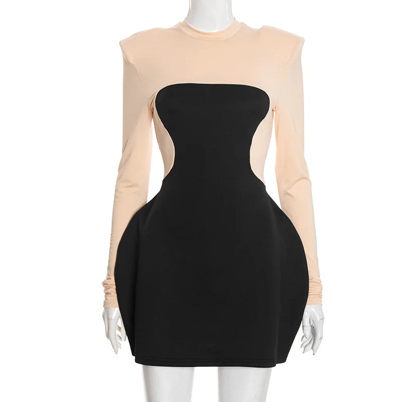 Contrast Cutout Mini Dress with Sculpted Long Sleeves