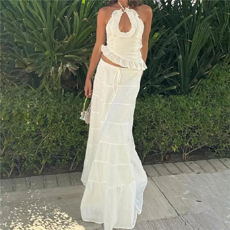 Ruffle Halter Top & Maxi Skirt Co-Ord Set – Floral Prairie Chic Summer Outfit