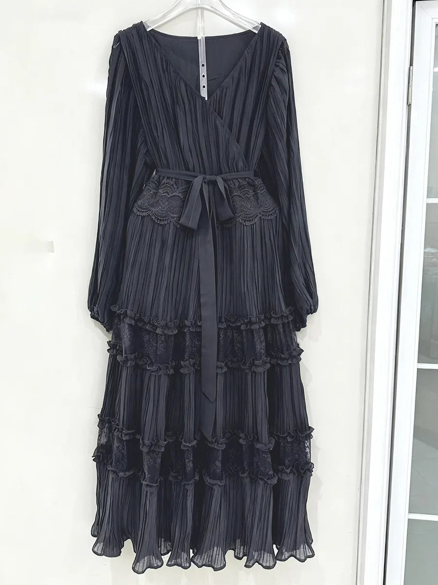 Long Sleeve V-Neck Lace Details Long Dress