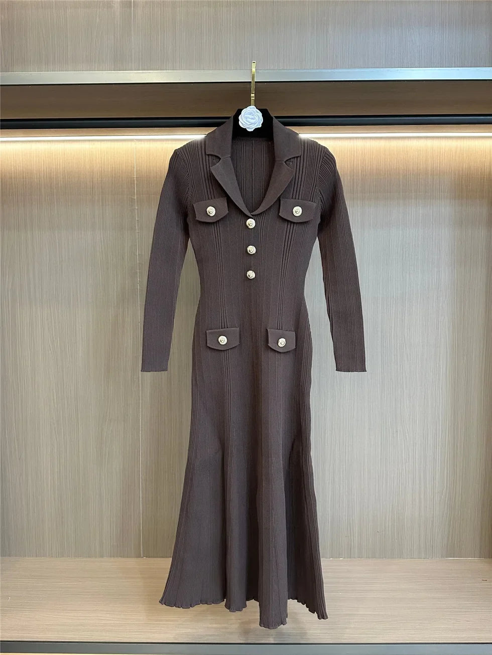 Elegant V-Neck Knitted Midi Sweater Dress – Slim Fit Long Sleeve Knitwear for Women