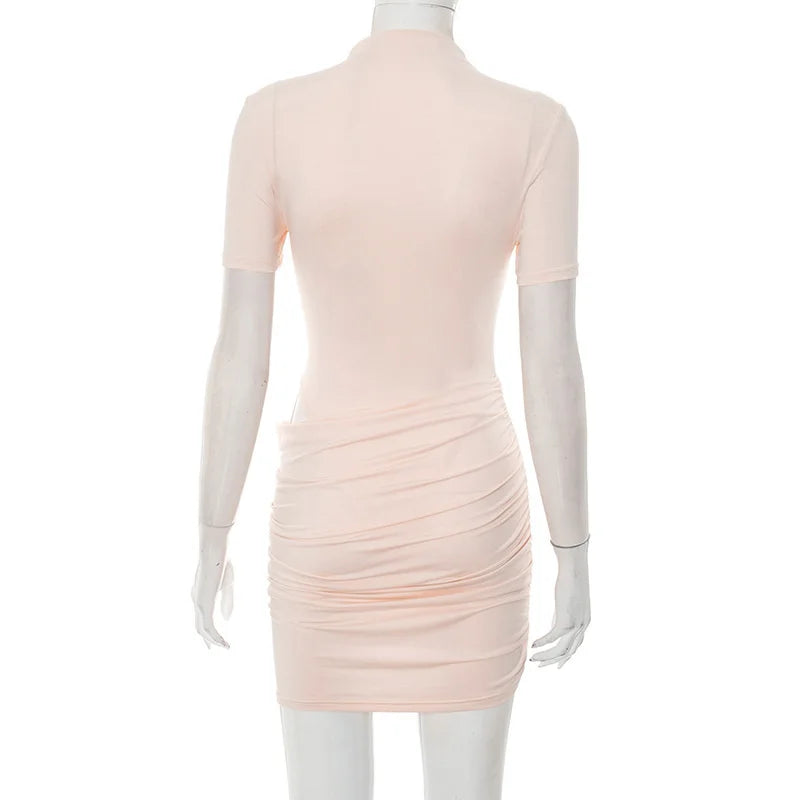 Cut-Out Ruched Mini Dress – Pink High Neck Clubwear
