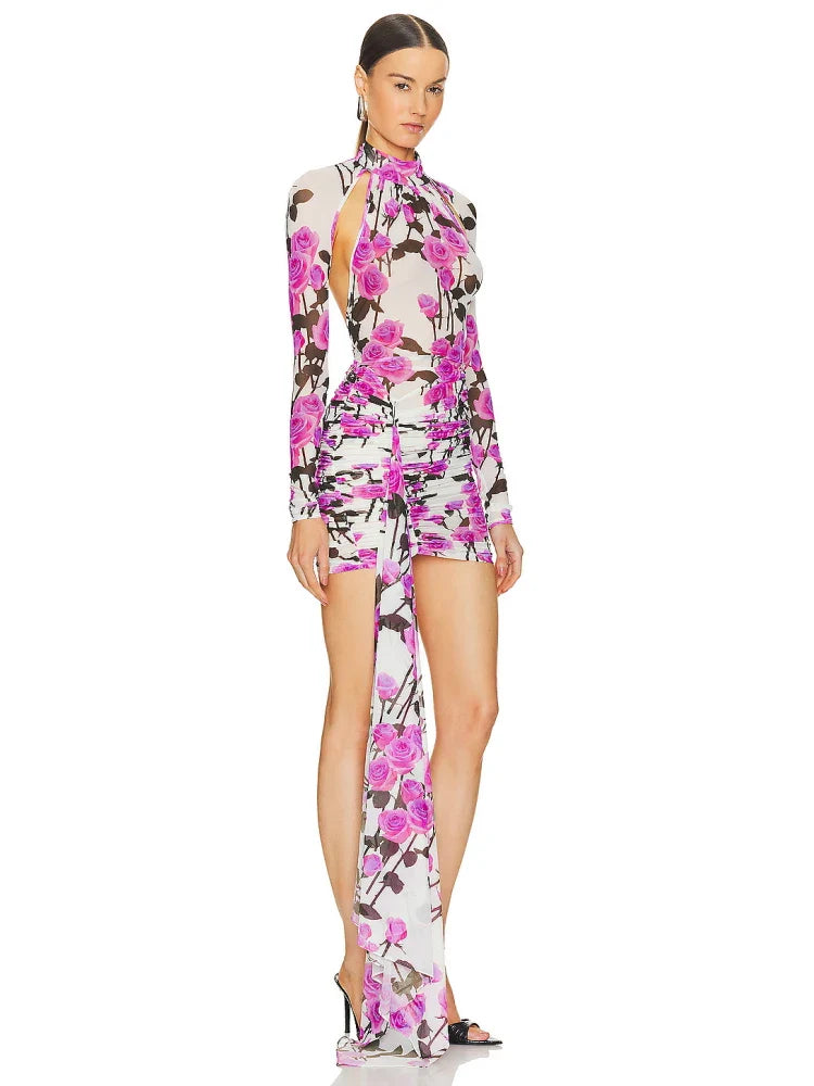 Floral Print Long Sleeve Cut Out Ruched Mini Dress