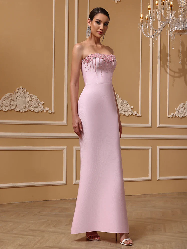 Pink Pearl Beaded Bandage Maxi Dress - Backless Evening Party Gown