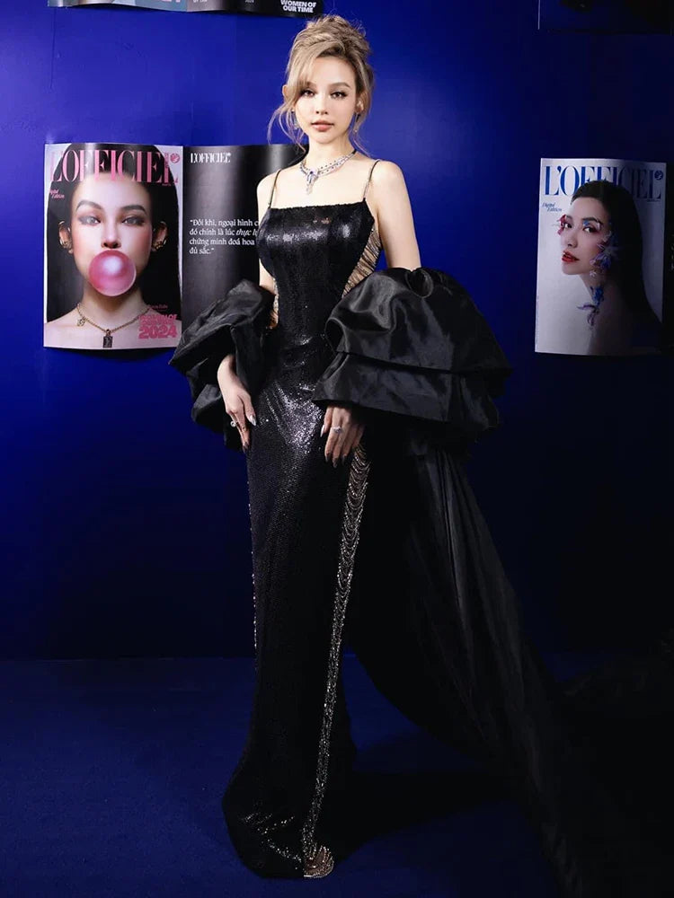 Black Sequin Side-Chain Cut-Out Sculpted Maxi Dress