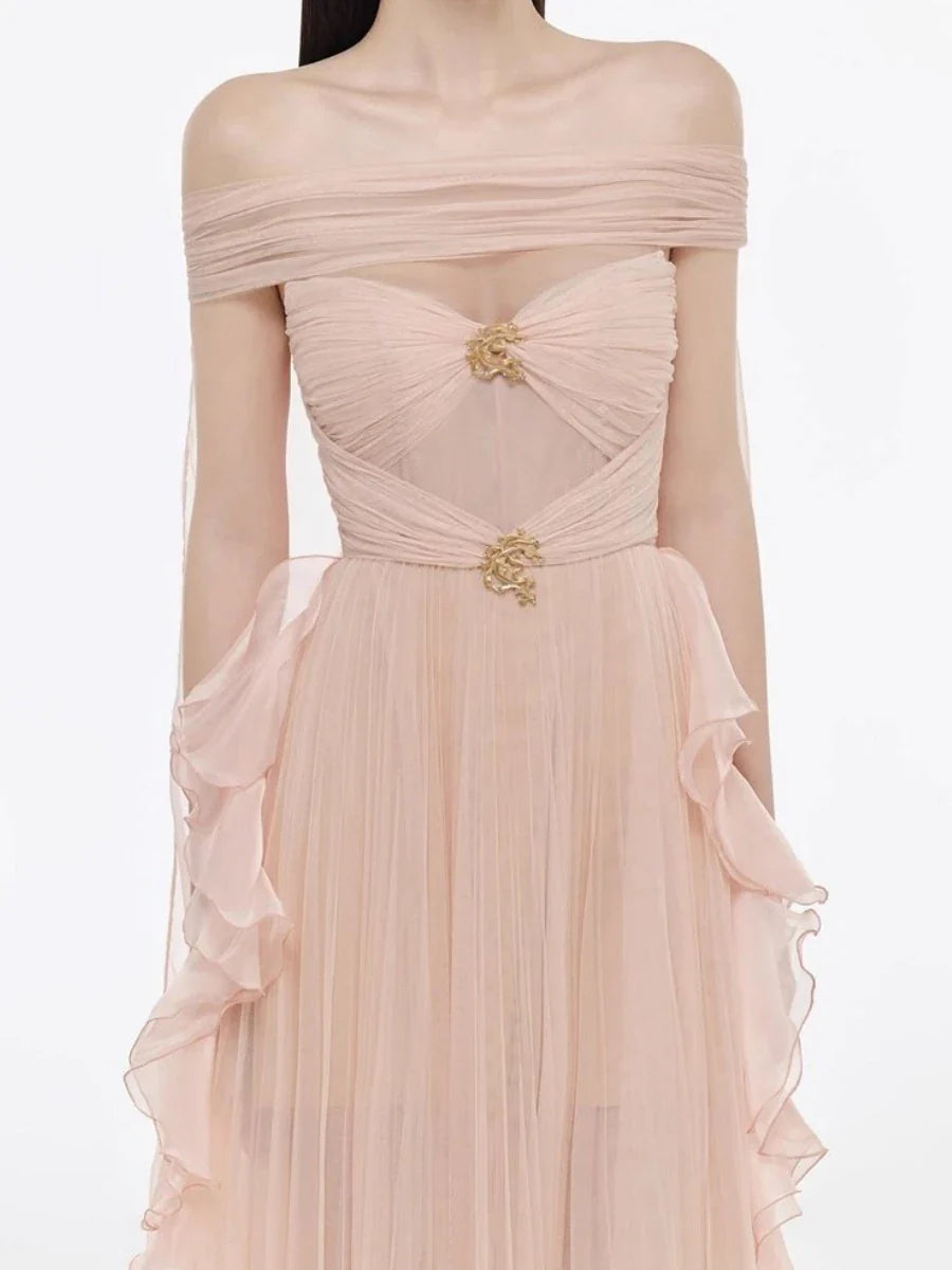 Pink Pleated Gold Brooch Cape Scarf Maxi Dress