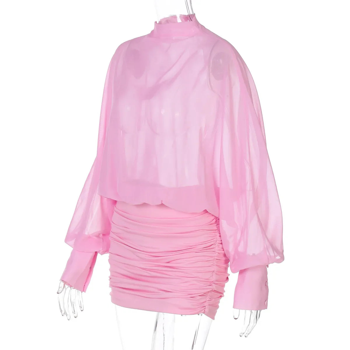 Pink Chiffon Ruched Mini Dress | Sheer Sleeve Vacation Look