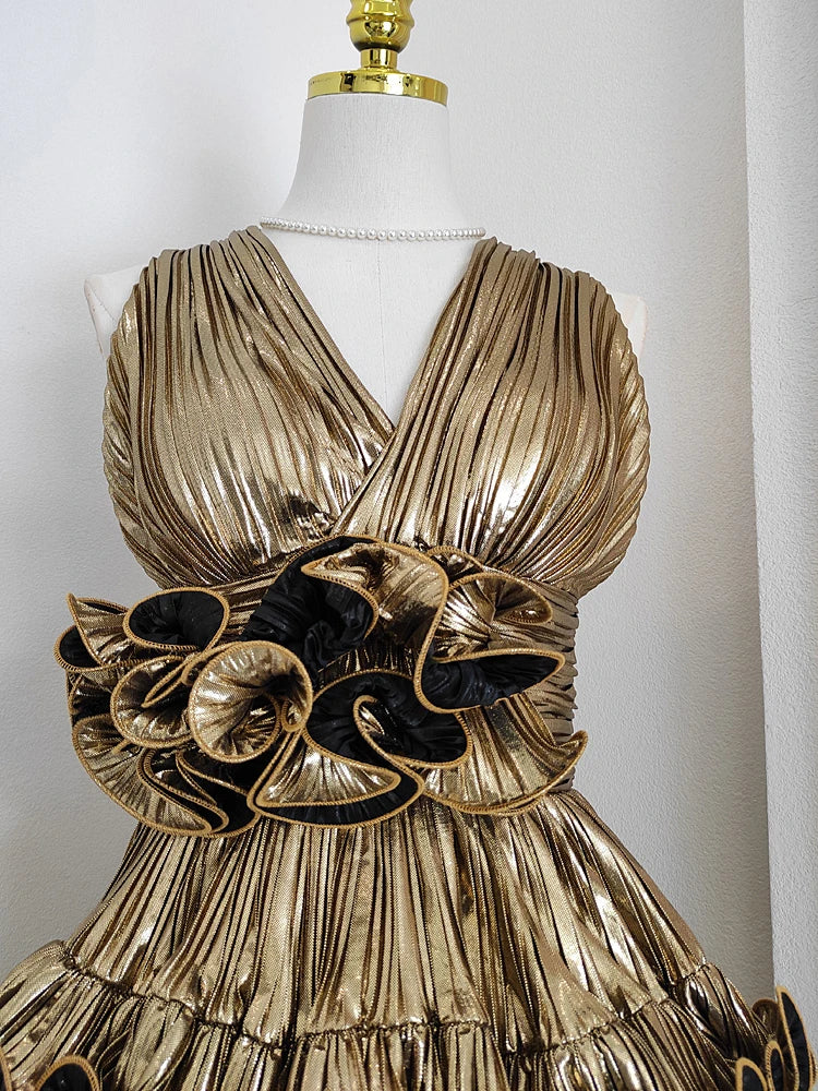 Metallic Tiered Halter Maxi Dress with Frill Layers