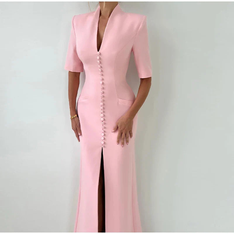 Chic  V-Neck Fishtail Dress – Shoulder Pad Slit Evening Gown